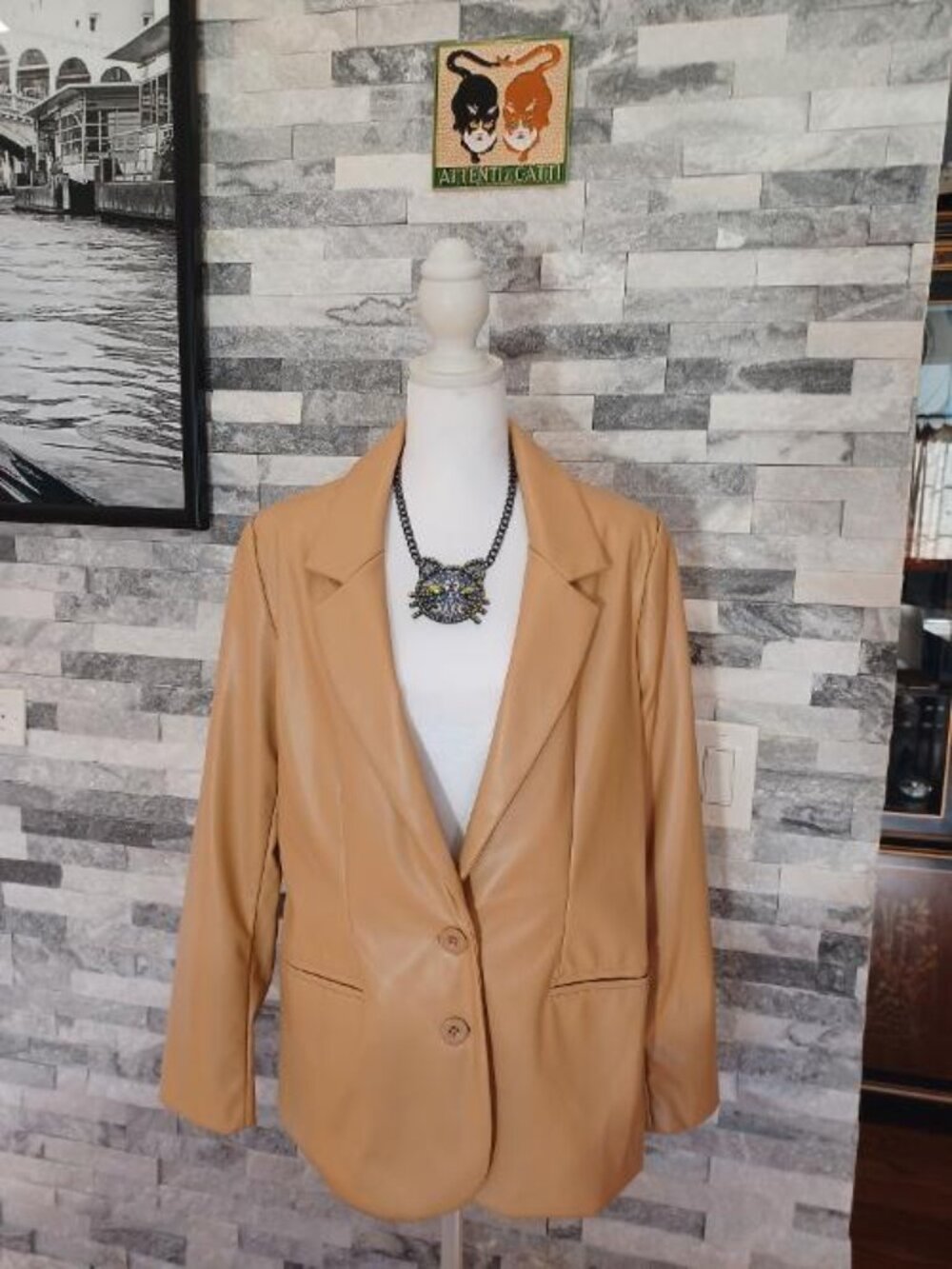 BCBG Generation Cream/Tan Faux Leather Blazer Sz. S